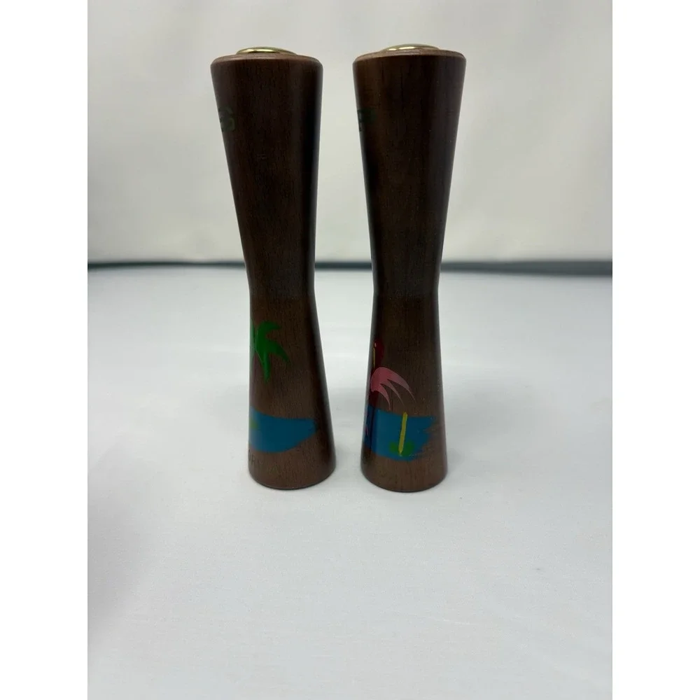 Vintage MCM wooden salt and‎ pepper shakers Florida Danish modern flamingo palm
